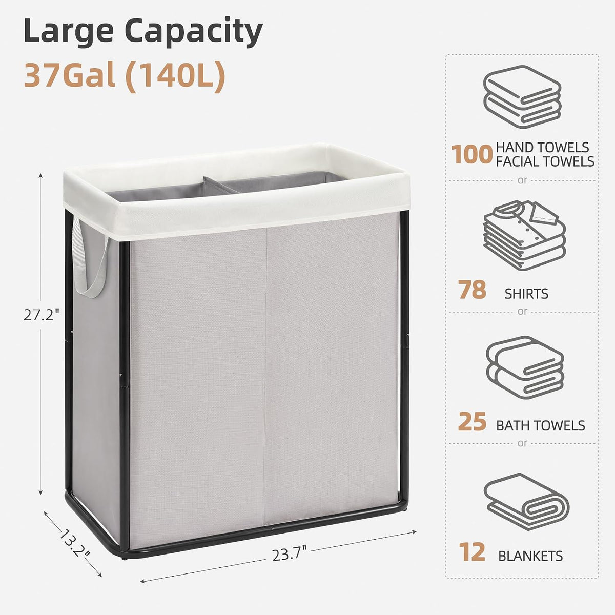 Large Laundry Hamper, 23.7 Gal. Metal Laundry Basket with Removable Bag for Easy Carry, Strong Dirty Clothes Hamper for Bedroom, Bathroom, Dorm, College, 90L Grey