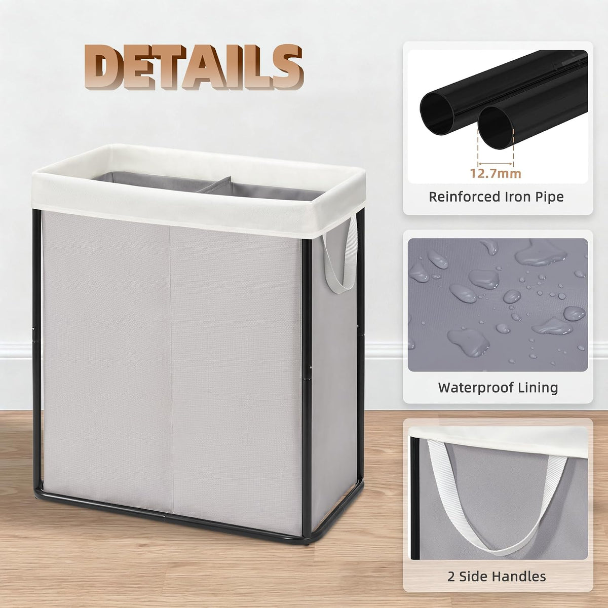 Large Laundry Hamper, 23.7 Gal. Metal Laundry Basket with Removable Bag for Easy Carry, Strong Dirty Clothes Hamper for Bedroom, Bathroom, Dorm, College, 90L Grey