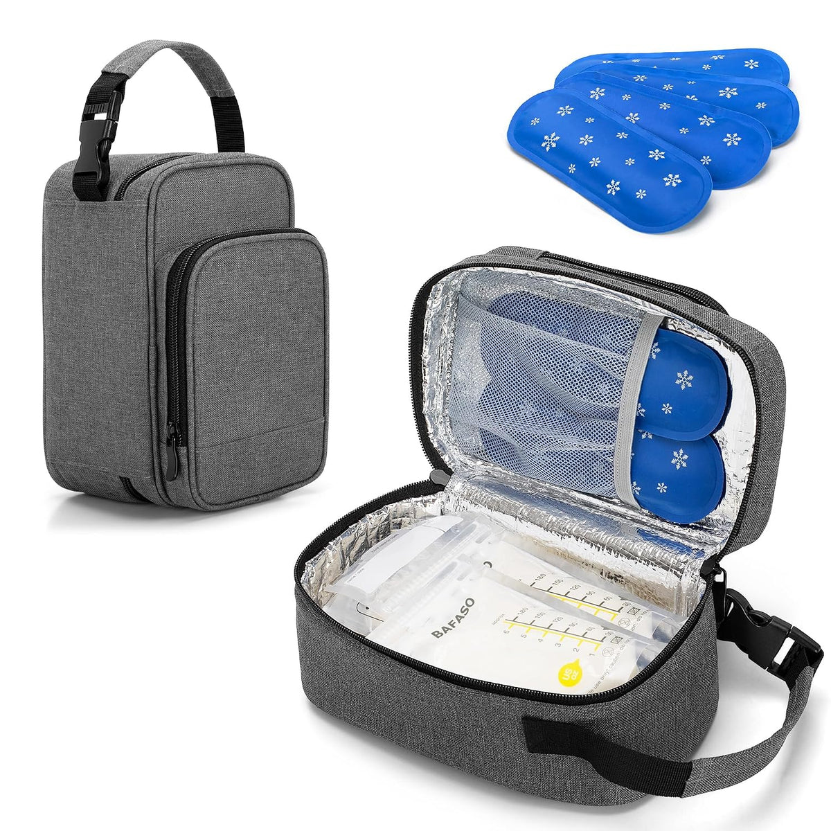 Insulated Breastmilk Cooler Bag with 4 Gel Ice Packs, Breastmilk Cooler Fits 6 Bags of Breastmilk, Gray