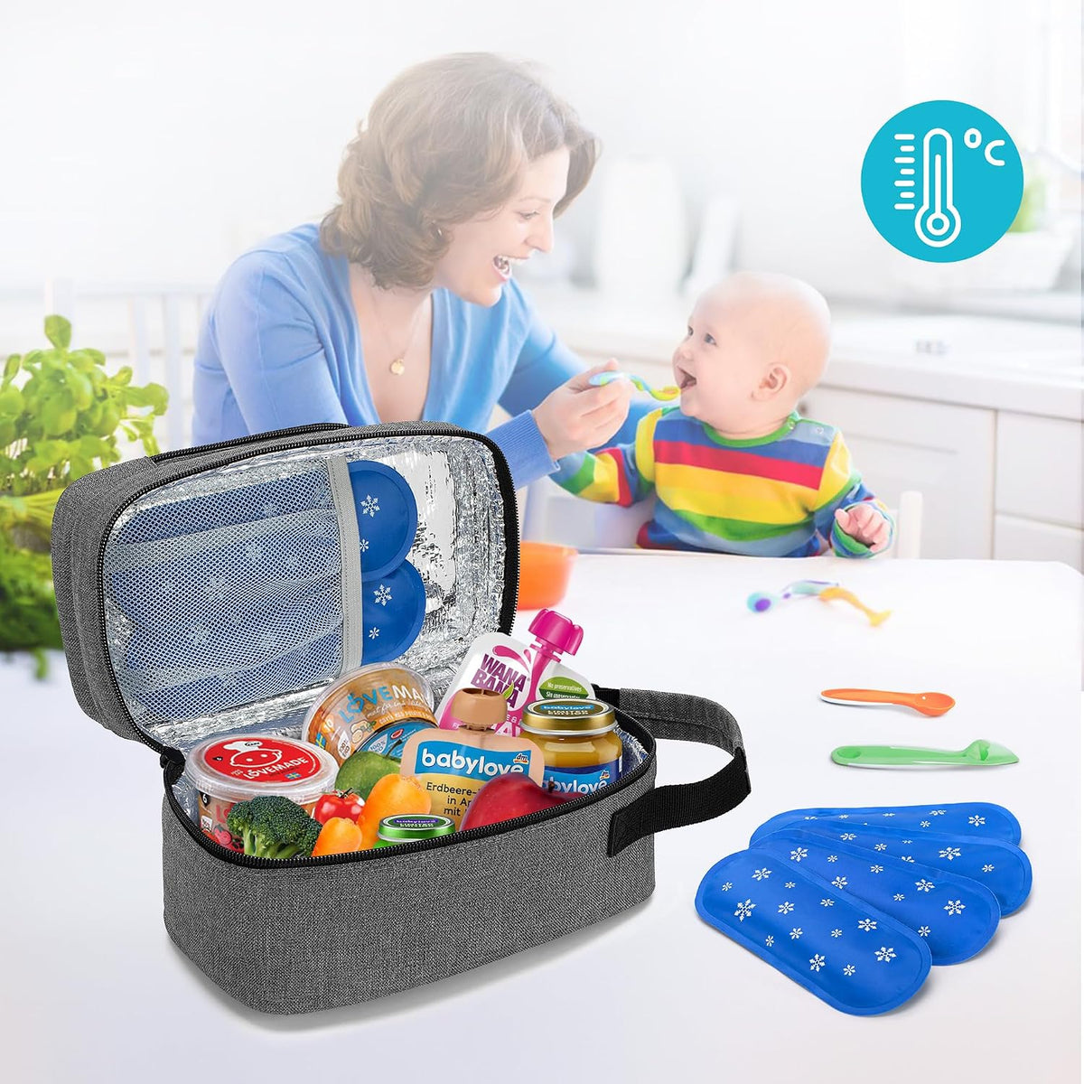 Insulated Breastmilk Cooler Bag with 4 Gel Ice Packs, Breastmilk Cooler Fits 6 Bags of Breastmilk, Gray