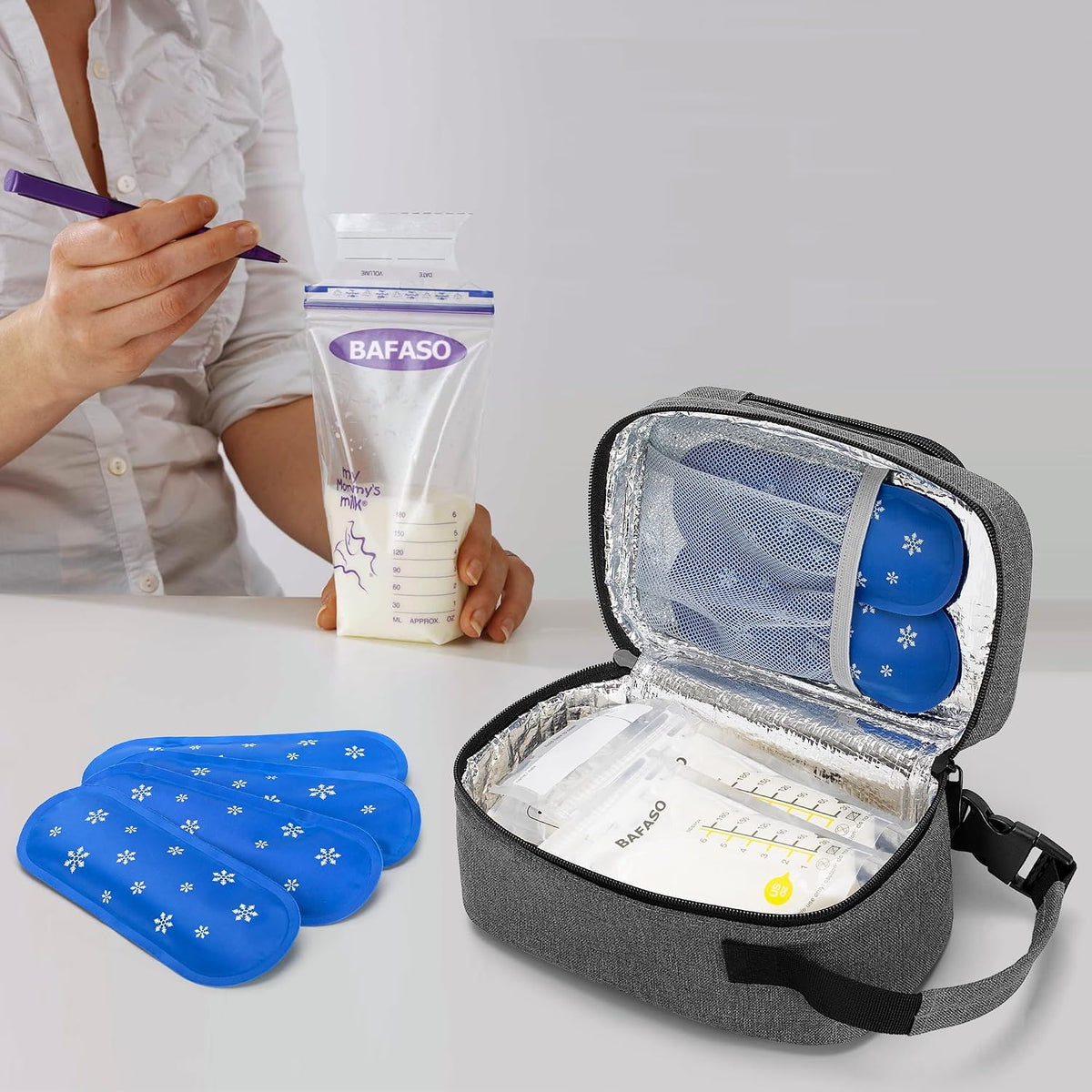 Insulated Breastmilk Cooler Bag with 4 Gel Ice Packs, Breastmilk Cooler Fits 6 Bags of Breastmilk, Gray