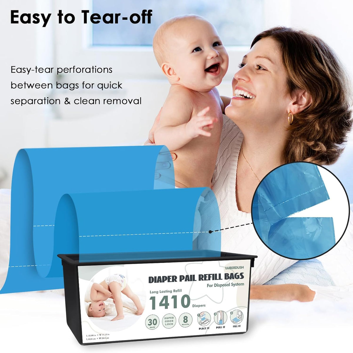 Diaper Pail Refill Bags - Compatible with Genie Easy Roll Signature & Platinum Pails | Each 30 Bags Holds Up to 1410 Newborn Diapers | 7-Layer OdorLock Technology | (60 Bags)