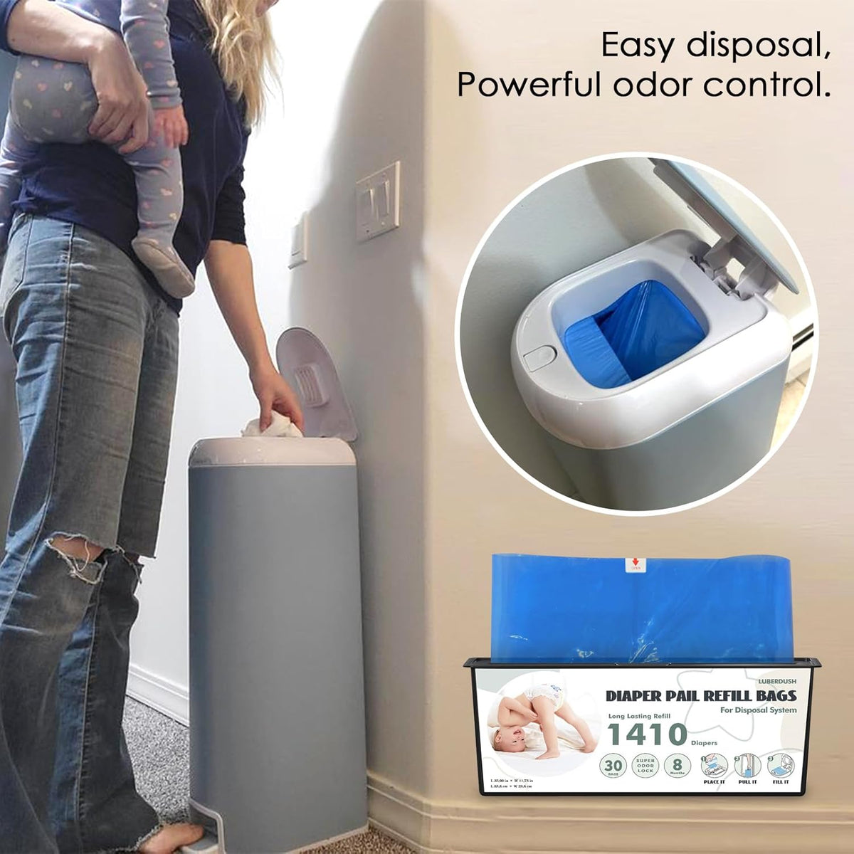 Diaper Pail Refill Bags - Compatible with Genie Easy Roll Signature & Platinum Pails | Each 30 Bags Holds Up to 1410 Newborn Diapers | 7-Layer OdorLock Technology | (60 Bags)