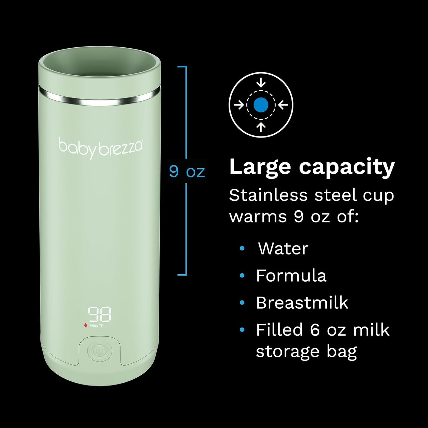 SuperFast Portable Bottle Warmer 3x Faster than Others, Travel Milk Formula Warmer with 4 Temperature Settings, 9oz Capacity, USB Rechargeable, Safe & Even Heating, No Adapters, Sage Green