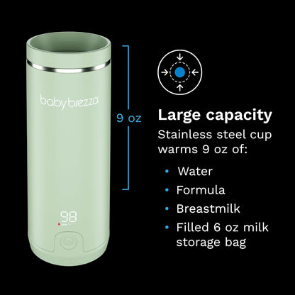 SuperFast Portable Bottle Warmer 3x Faster than Others, Travel Milk Formula Warmer with 4 Temperature Settings, 9oz Capacity, USB Rechargeable, Safe & Even Heating, No Adapters, Sage Green