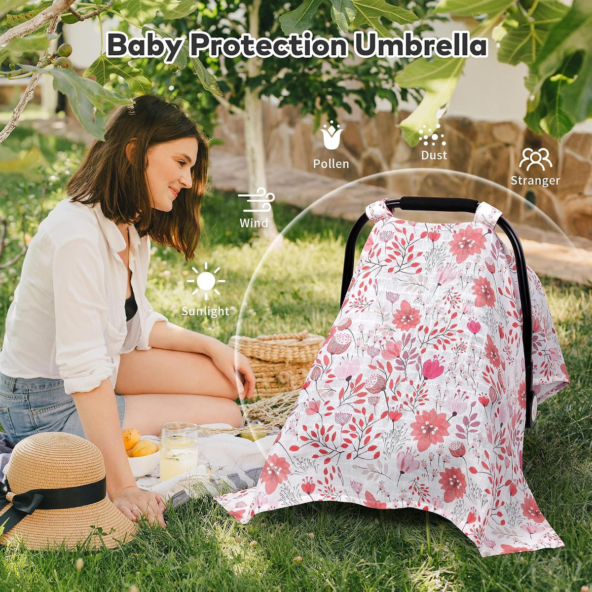 Car Seat Cover Baby Girl, 100% Cotton Muslin Infant Carseat Canopy