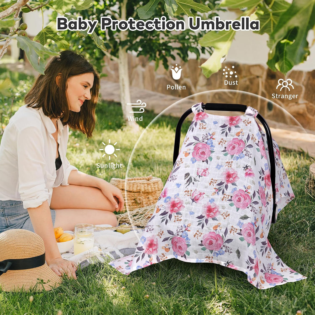 Car Seat Cover Baby Girl, 100% Cotton Muslin Infant Carseat Canopy