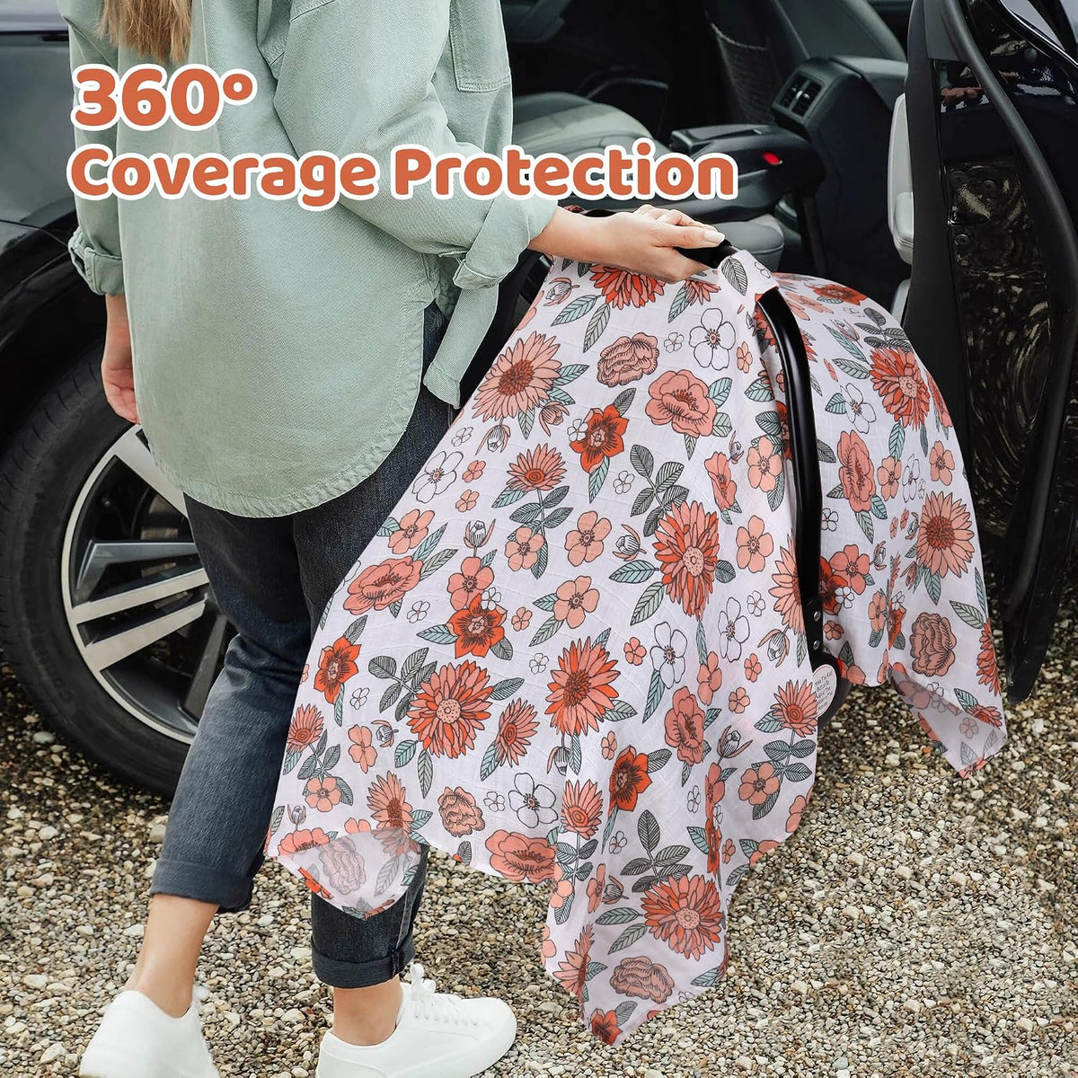 Car Seat Cover Baby Girl, 100% Cotton Muslin Infant Carseat Canopy