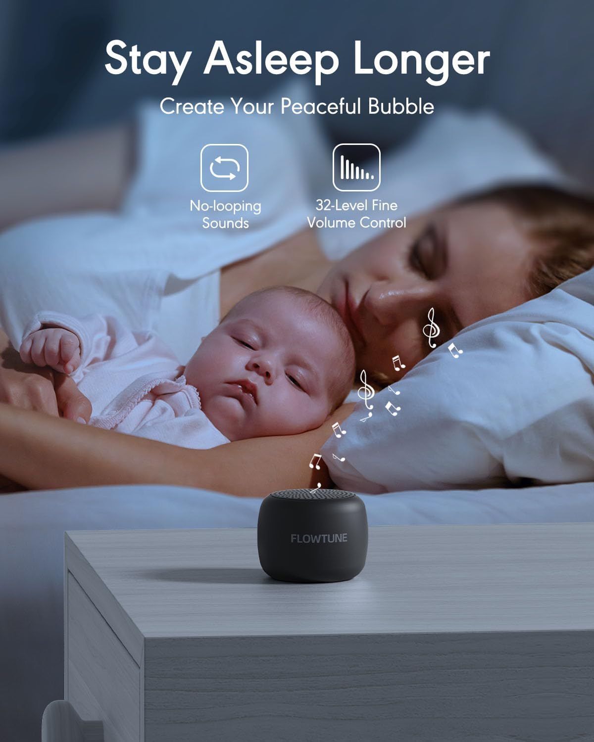 FLOWTUNE Sound Machine White Noise Machine for Baby Adults, 18 Non-looping Sounds, Timer, Memory Function, Portable Sleep Sound Therapy Gift (Black)
