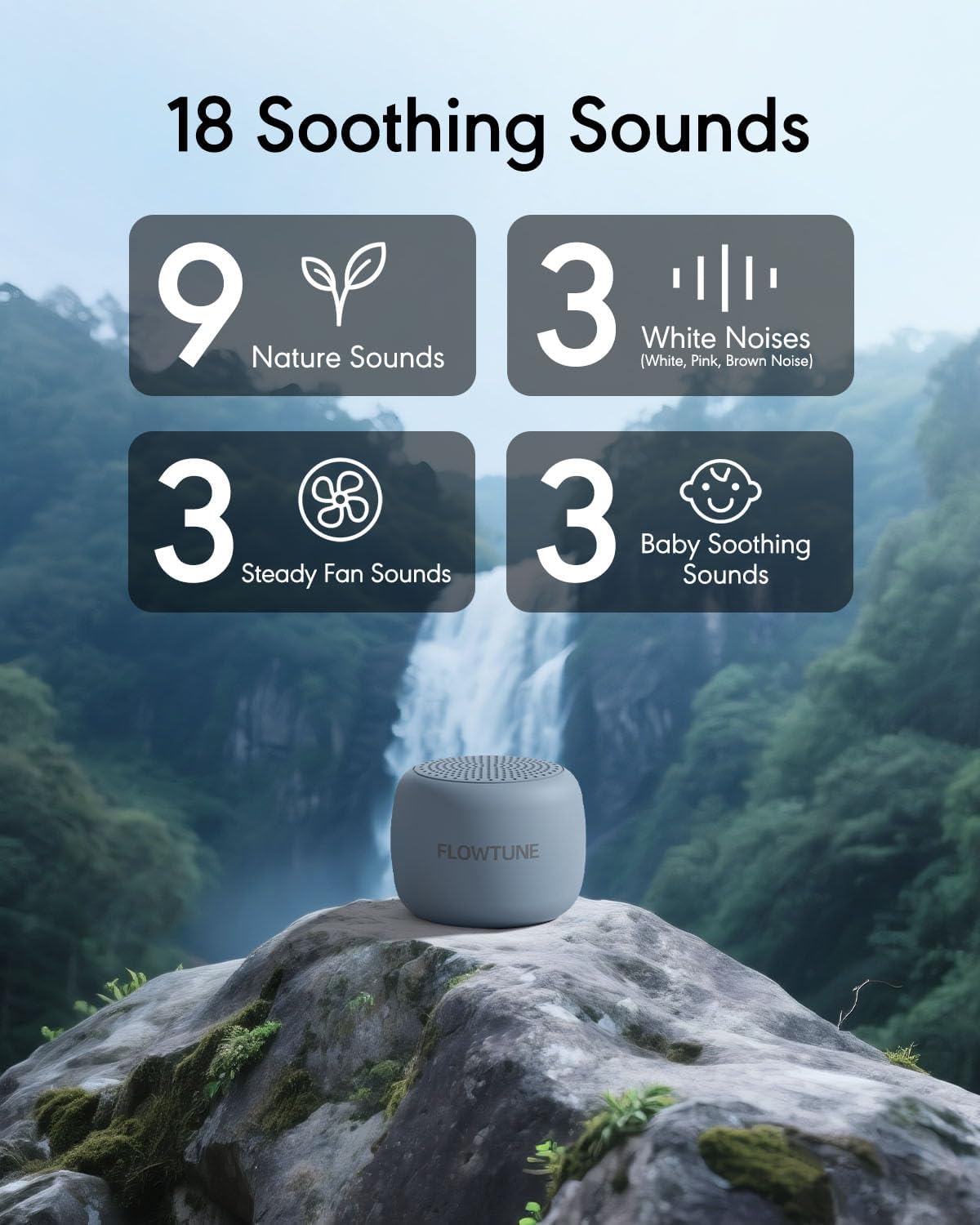 FLOWTUNE Sound Machine White Noise Machine for Baby Adults, 18 Non-looping Sounds, Timer, Memory Function, Portable Sleep Sound Therapy Gift (Black)