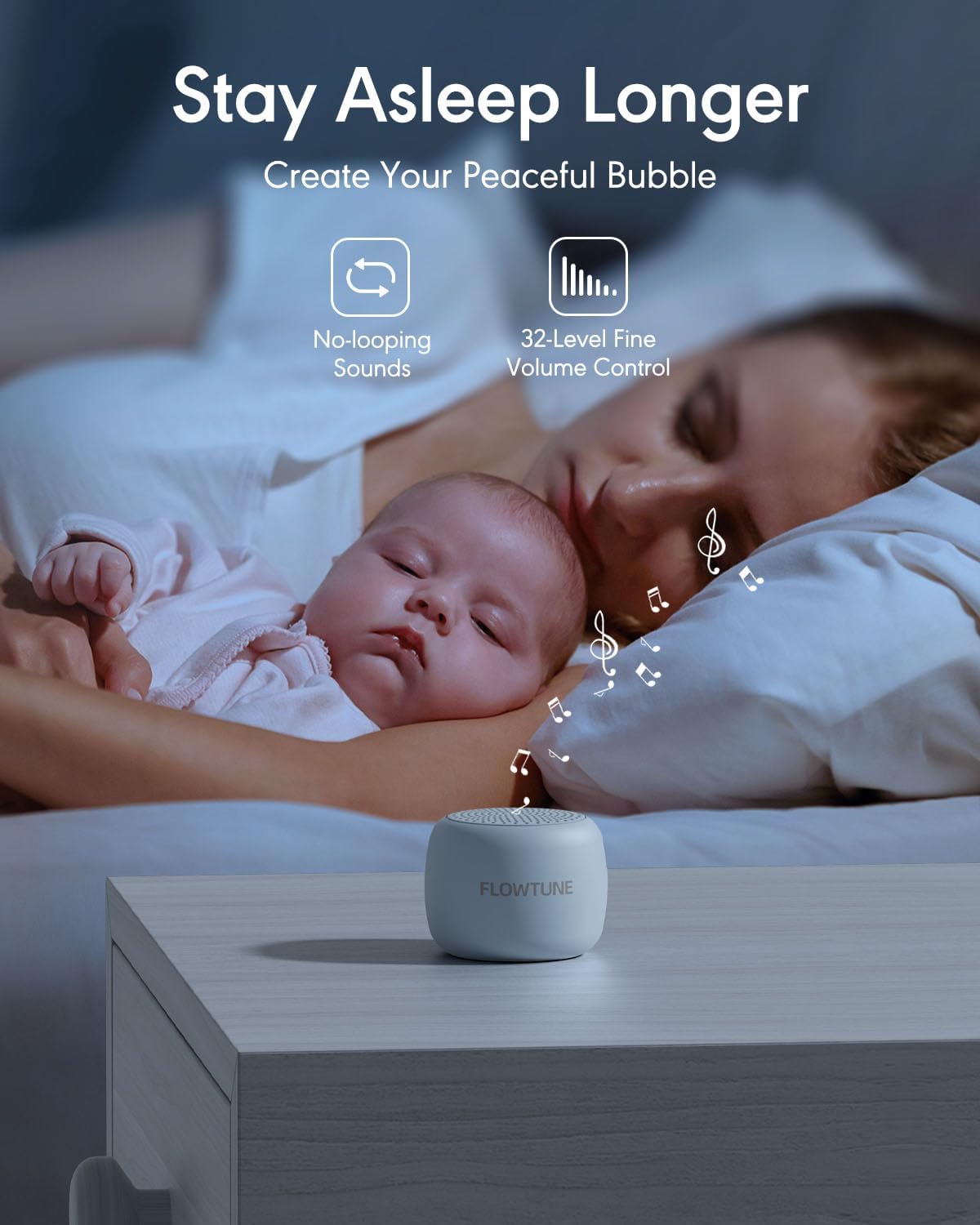 FLOWTUNE Sound Machine White Noise Machine for Baby Adults, 18 Non-looping Sounds, Timer, Memory Function, Portable Sleep Sound Therapy Gift (Black)