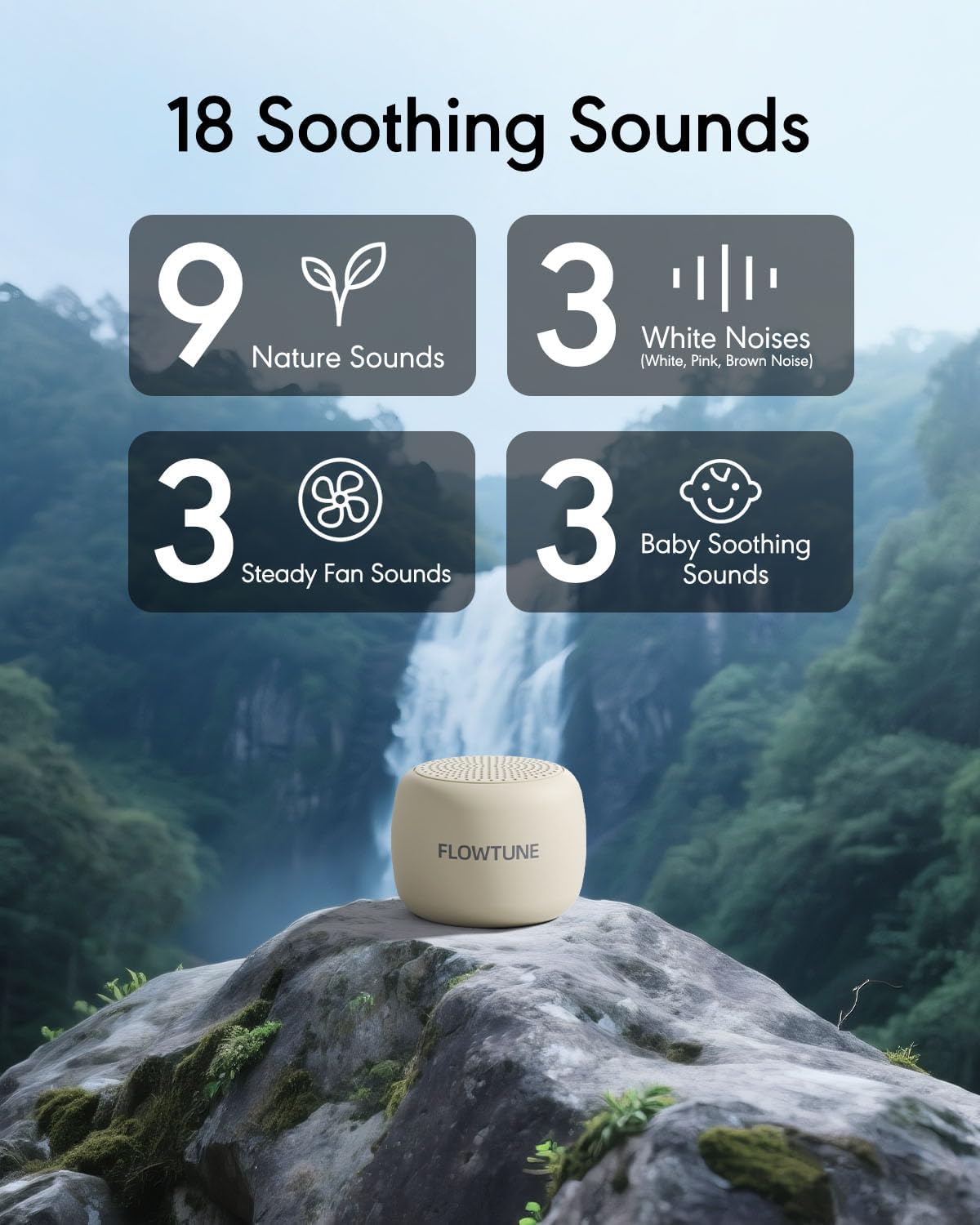 FLOWTUNE Sound Machine White Noise Machine for Baby Adults, 18 Non-looping Sounds, Timer, Memory Function, Portable Sleep Sound Therapy Gift (Black)