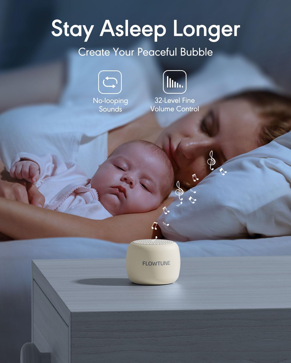 FLOWTUNE Sound Machine White Noise Machine for Baby Adults, 18 Non-looping Sounds, Timer, Memory Function, Portable Sleep Sound Therapy Gift (Black)