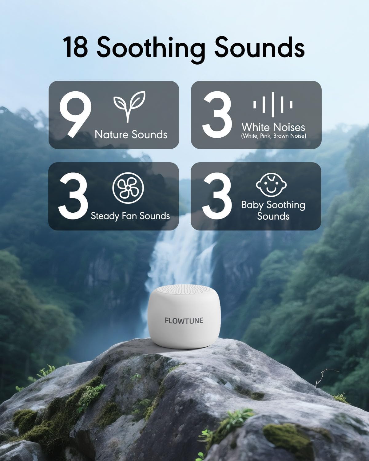 FLOWTUNE Sound Machine White Noise Machine for Baby Adults, 18 Non-looping Sounds, Timer, Memory Function, Portable Sleep Sound Therapy Gift (Black)