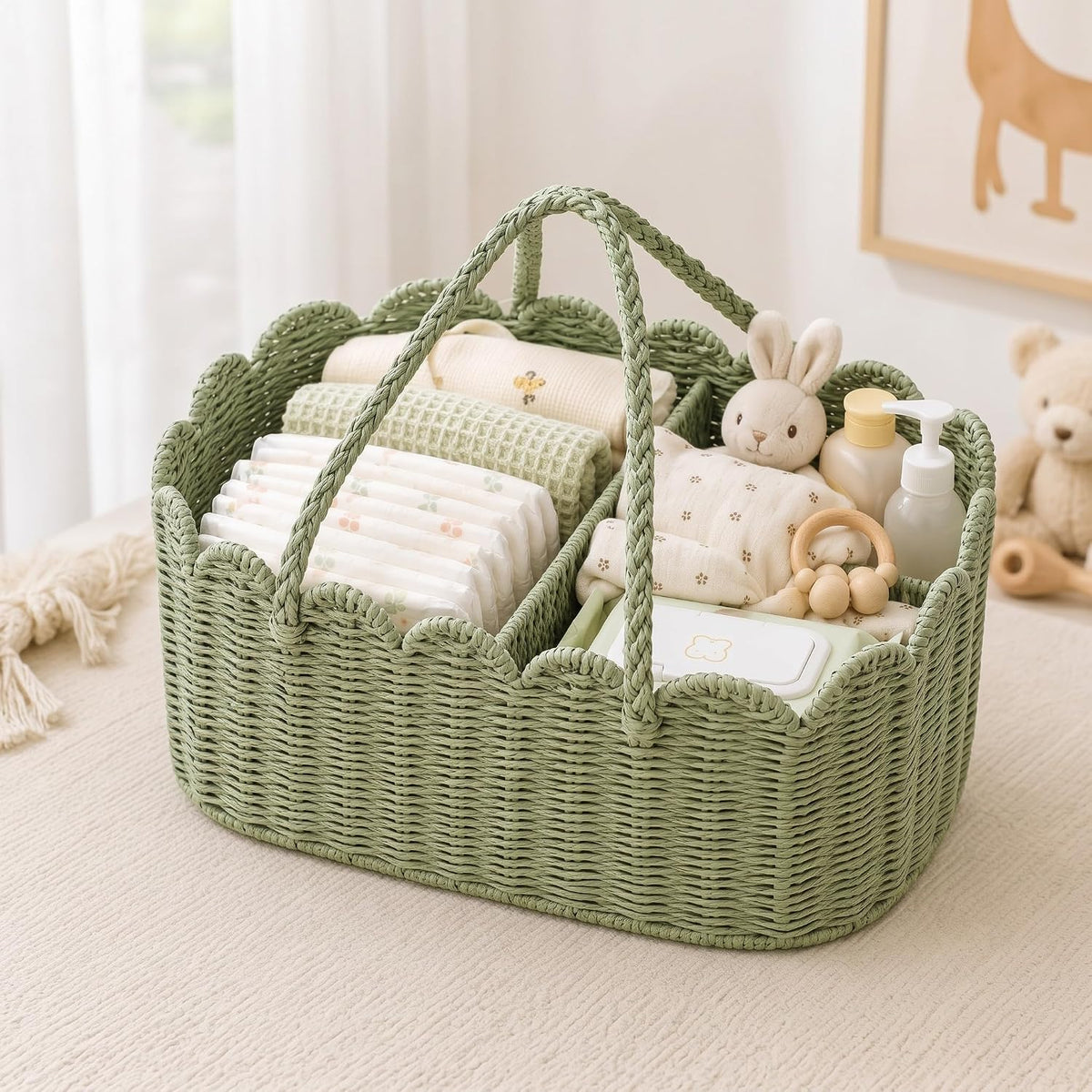 Handwoven Rattan Diaper Caddy Organizer Sage Green Scalloped Basket