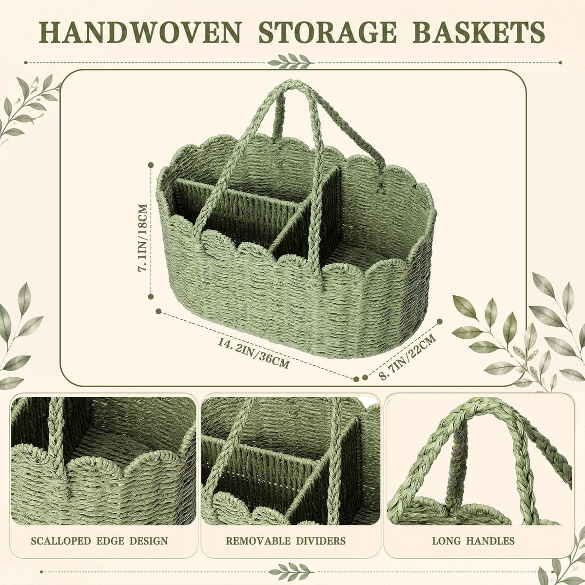 Handwoven Rattan Diaper Caddy Organizer Sage Green Scalloped Basket