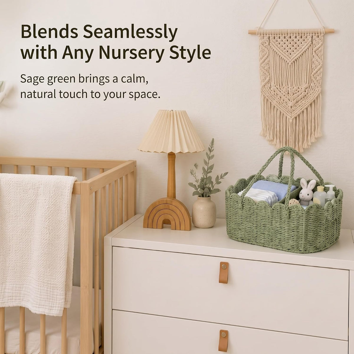 Handwoven Rattan Diaper Caddy Organizer Sage Green Scalloped Basket