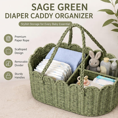 Handwoven Rattan Diaper Caddy Organizer Sage Green Scalloped Basket