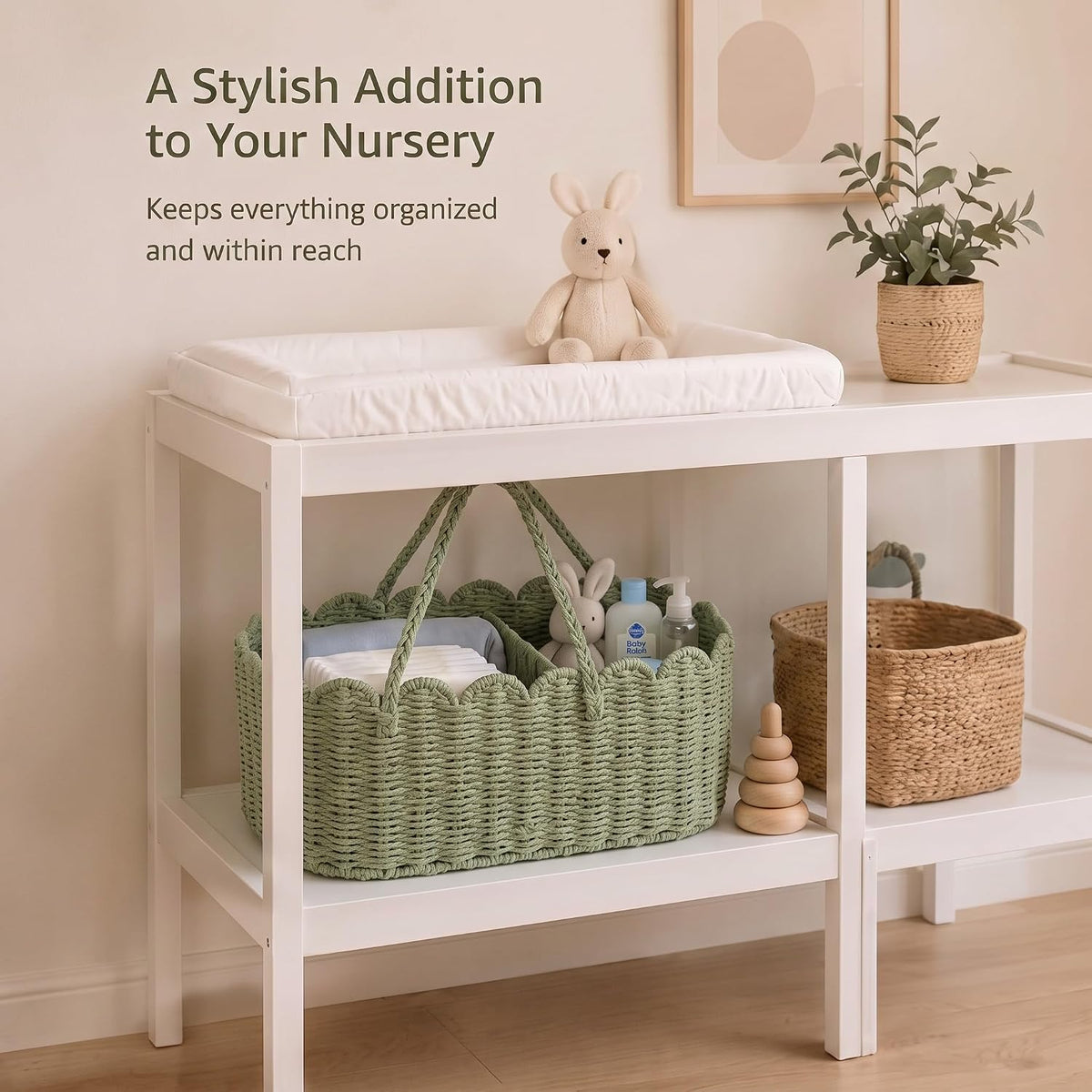 Handwoven Rattan Diaper Caddy Organizer Sage Green Scalloped Basket