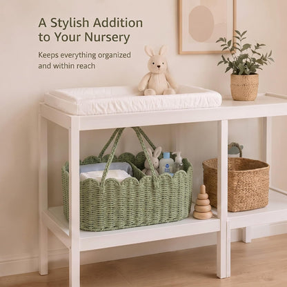 Handwoven Rattan Diaper Caddy Organizer Sage Green Scalloped Basket