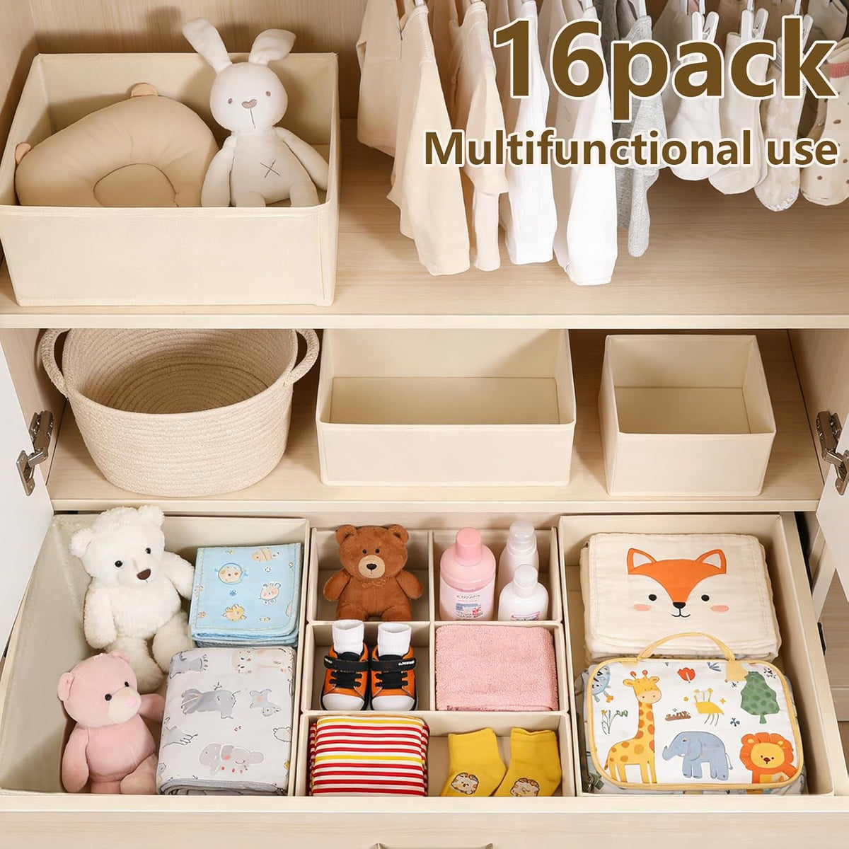 Drawer Organizer Clothes, 16 Pack Dresser Organizer Bins, Foldable Closet Organizers and Storage Fabric Dresser Bins, Shallow Drawer Dividers for Clothing, Underwears, Socks, Tie