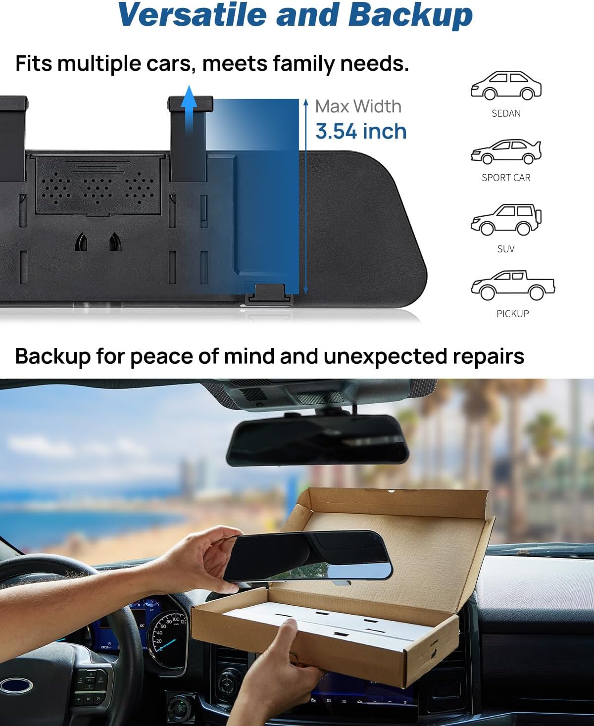Rearview Mirror, 12 Inch Panoramic Interior Clip-on Wide Angle Convex Universal Rear View Mirror to Reduce Blind Spot Effectively for More Car SUV Trucks -Clear