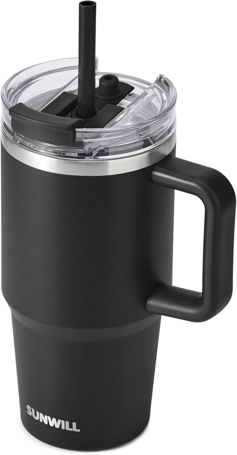 Travel Coffee Mug with Lid, 20 oz Tumbler with Handle and Straw Leak Proof, Stainless Steel Cup Insulated for Office & Gym, Cupholder Friendly, Powder Coated Pink