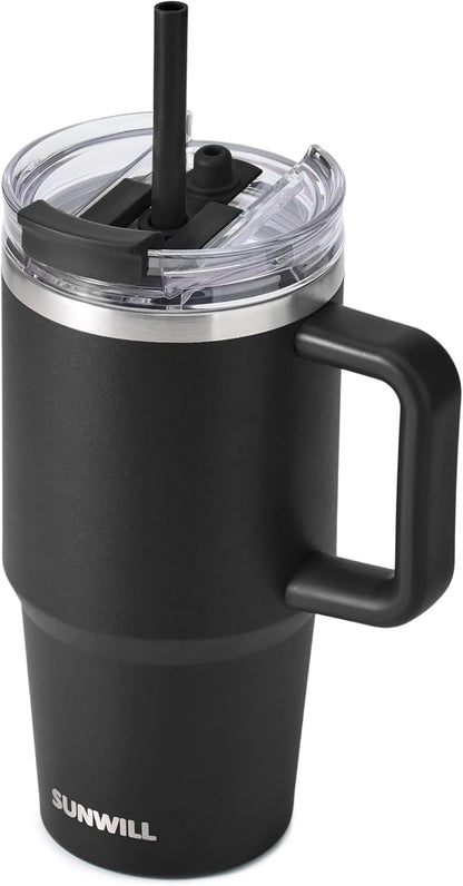 Travel Coffee Mug with Lid, 20 oz Tumbler with Handle and Straw Leak Proof, Stainless Steel Cup Insulated for Office & Gym, Cupholder Friendly, Powder Coated Pink