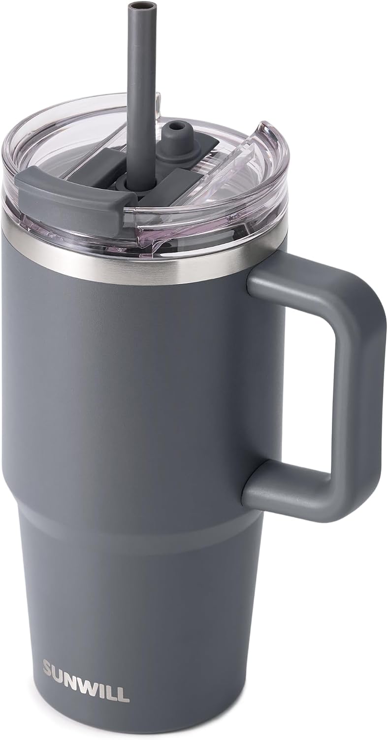 Travel Coffee Mug with Lid, 20 oz Tumbler with Handle and Straw Leak Proof, Stainless Steel Cup Insulated for Office & Gym, Cupholder Friendly, Powder Coated Pink