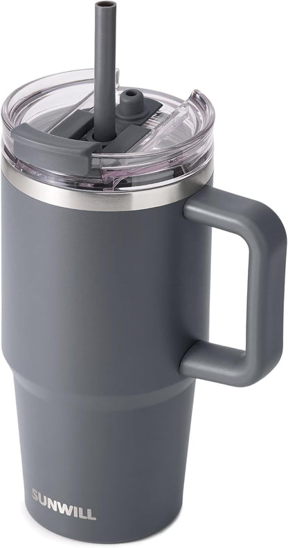 Travel Coffee Mug with Lid, 20 oz Tumbler with Handle and Straw Leak Proof, Stainless Steel Cup Insulated for Office & Gym, Cupholder Friendly, Powder Coated Pink