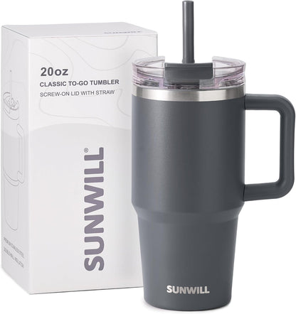 Travel Coffee Mug with Lid, 20 oz Tumbler with Handle and Straw Leak Proof, Stainless Steel Cup Insulated for Office & Gym, Cupholder Friendly, Powder Coated Pink
