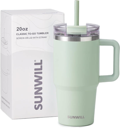 Travel Coffee Mug with Lid, 20 oz Tumbler with Handle and Straw Leak Proof, Stainless Steel Cup Insulated for Office & Gym, Cupholder Friendly, Powder Coated Pink