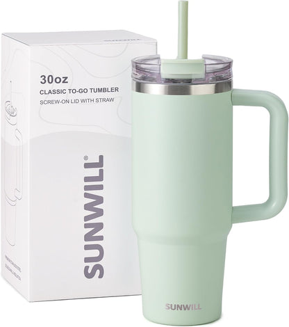 Travel Coffee Mug with Lid, 20 oz Tumbler with Handle and Straw Leak Proof, Stainless Steel Cup Insulated for Office & Gym, Cupholder Friendly, Powder Coated Pink