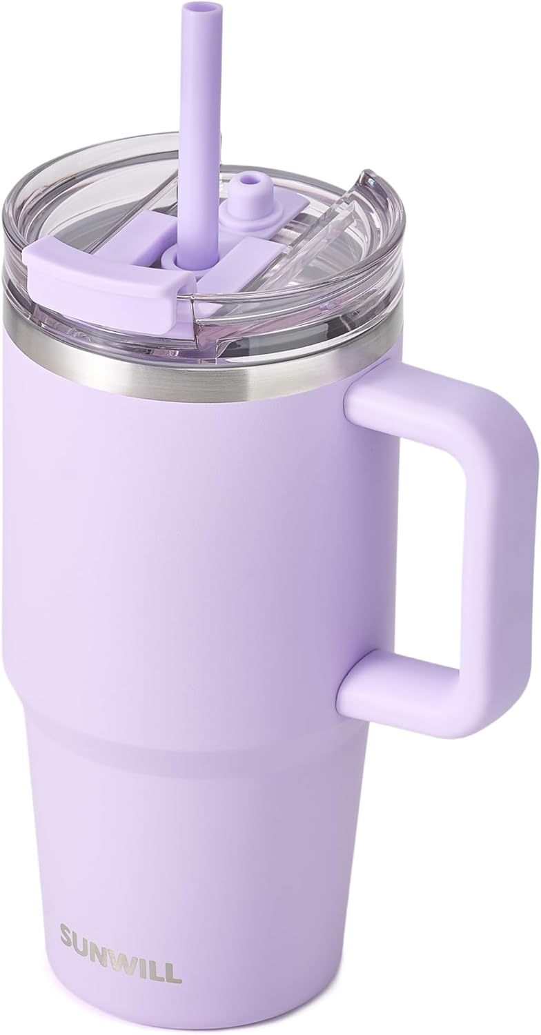 Travel Coffee Mug with Lid, 20 oz Tumbler with Handle and Straw Leak Proof, Stainless Steel Cup Insulated for Office & Gym, Cupholder Friendly, Powder Coated Pink