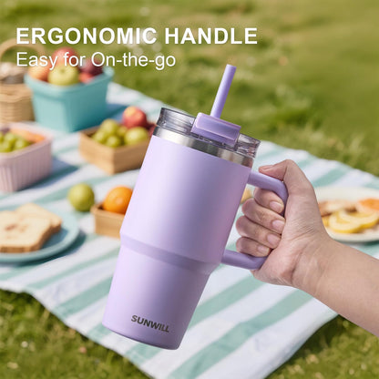 Travel Coffee Mug with Lid, 20 oz Tumbler with Handle and Straw Leak Proof, Stainless Steel Cup Insulated for Office & Gym, Cupholder Friendly, Powder Coated Pink