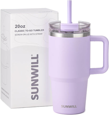 Travel Coffee Mug with Lid, 20 oz Tumbler with Handle and Straw Leak Proof, Stainless Steel Cup Insulated for Office & Gym, Cupholder Friendly, Powder Coated Pink