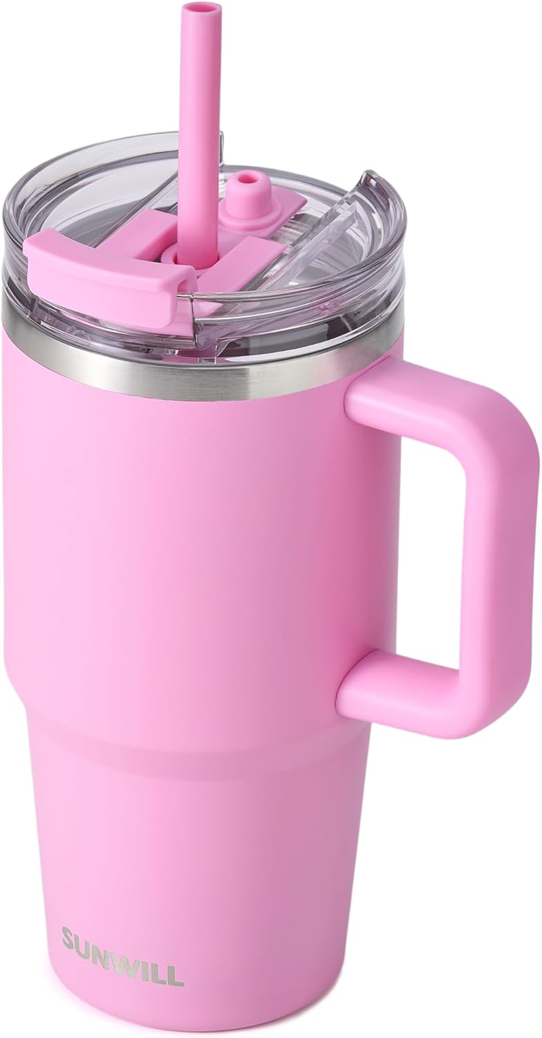 Travel Coffee Mug with Lid, 20 oz Tumbler with Handle and Straw Leak Proof, Stainless Steel Cup Insulated for Office & Gym, Cupholder Friendly, Powder Coated Pink