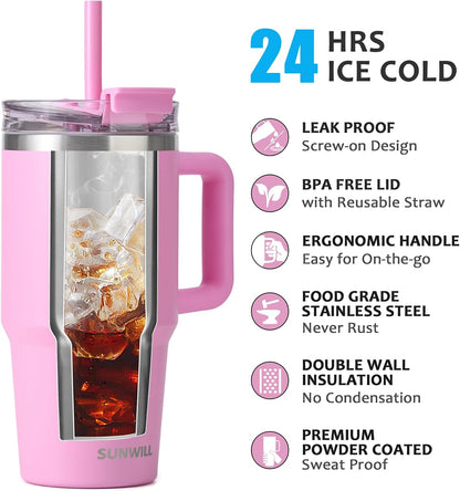 Travel Coffee Mug with Lid, 20 oz Tumbler with Handle and Straw Leak Proof, Stainless Steel Cup Insulated for Office & Gym, Cupholder Friendly, Powder Coated Pink