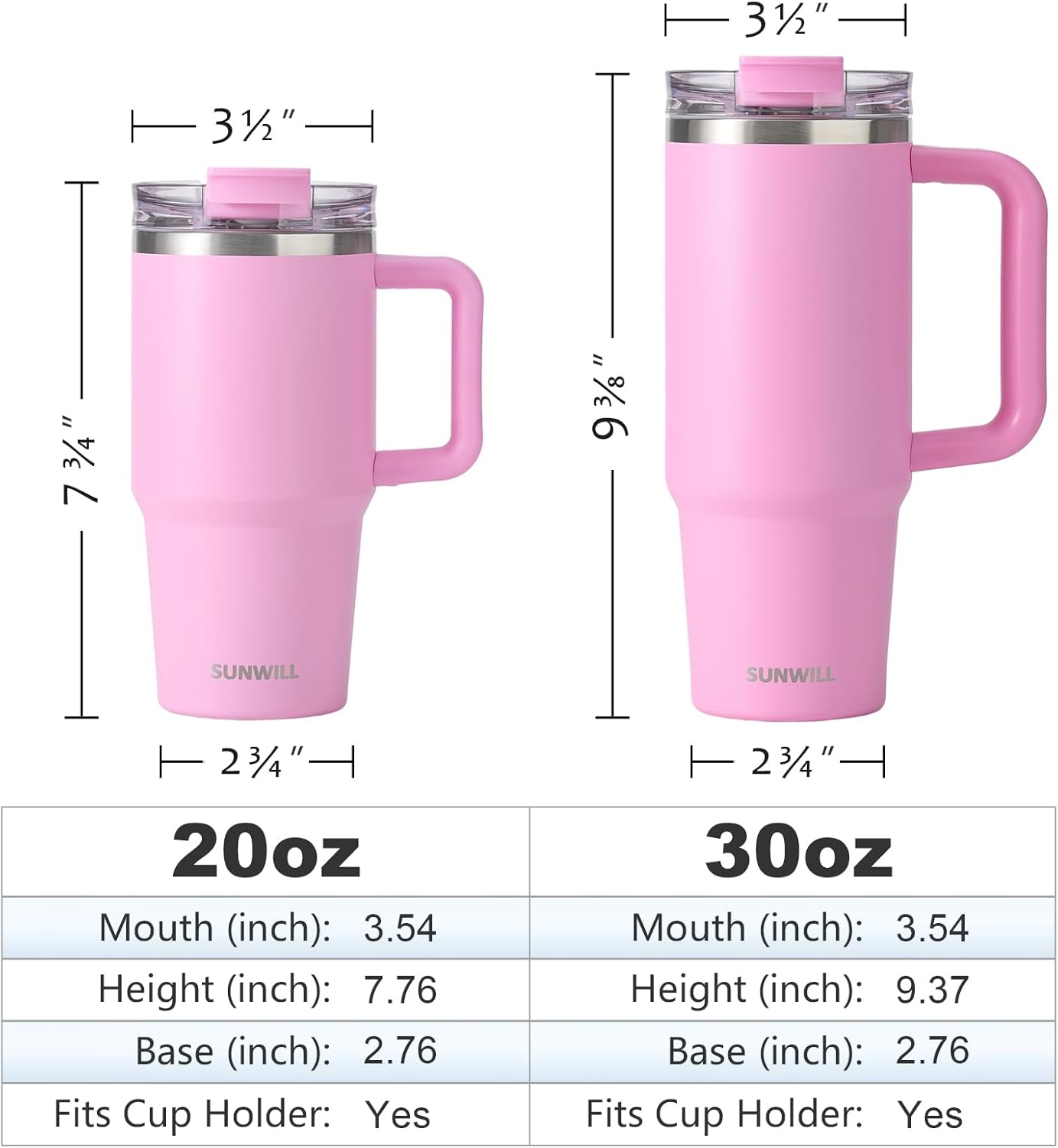 Travel Coffee Mug with Lid, 20 oz Tumbler with Handle and Straw Leak Proof, Stainless Steel Cup Insulated for Office & Gym, Cupholder Friendly, Powder Coated Pink