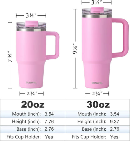 Travel Coffee Mug with Lid, 20 oz Tumbler with Handle and Straw Leak Proof, Stainless Steel Cup Insulated for Office & Gym, Cupholder Friendly, Powder Coated Pink