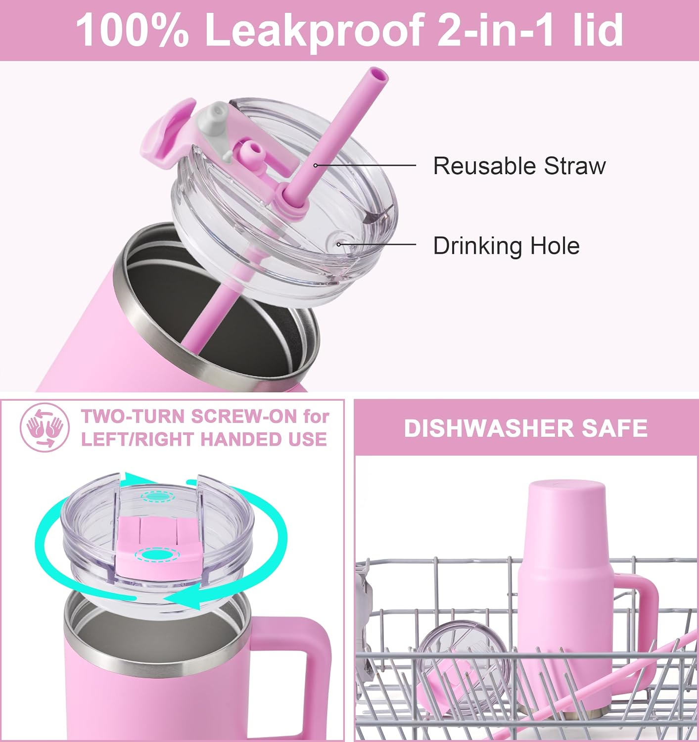 Travel Coffee Mug with Lid, 20 oz Tumbler with Handle and Straw Leak Proof, Stainless Steel Cup Insulated for Office & Gym, Cupholder Friendly, Powder Coated Pink
