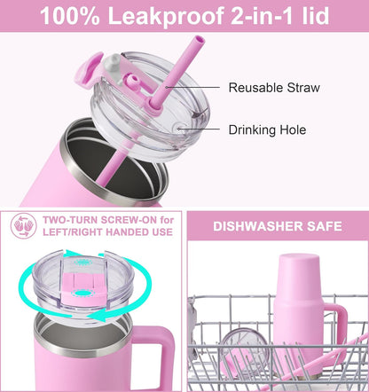 Travel Coffee Mug with Lid, 20 oz Tumbler with Handle and Straw Leak Proof, Stainless Steel Cup Insulated for Office & Gym, Cupholder Friendly, Powder Coated Pink