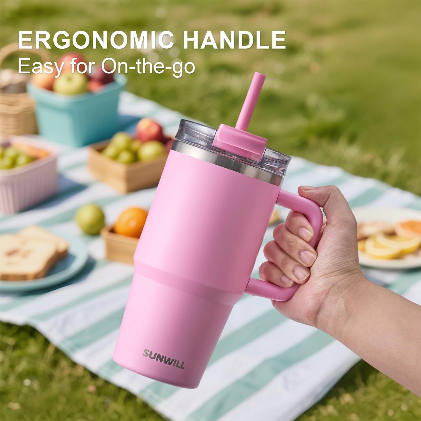 Travel Coffee Mug with Lid, 20 oz Tumbler with Handle and Straw Leak Proof, Stainless Steel Cup Insulated for Office & Gym, Cupholder Friendly, Powder Coated Pink