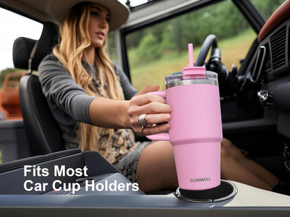 Travel Coffee Mug with Lid, 20 oz Tumbler with Handle and Straw Leak Proof, Stainless Steel Cup Insulated for Office & Gym, Cupholder Friendly, Powder Coated Pink