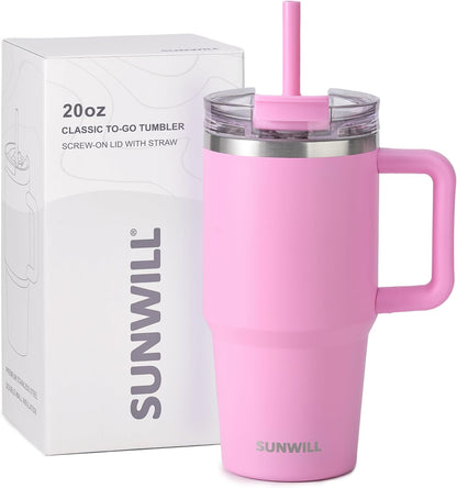 Travel Coffee Mug with Lid, 20 oz Tumbler with Handle and Straw Leak Proof, Stainless Steel Cup Insulated for Office & Gym, Cupholder Friendly, Powder Coated Pink