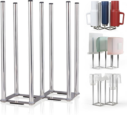 Water Bottle Drying Rack, Cup Drying Rack for Counter, Stainless Steel Tumbler Dryer Stand, Space-Saving Mug & Glass Drying Rack, Heavy-Duty Holder for Cups & Water Bottles (Silver – 10 Pegs)