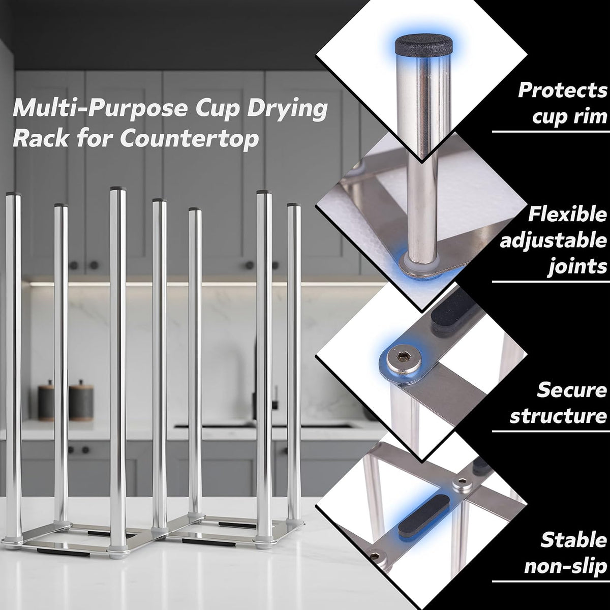 Water Bottle Drying Rack, Cup Drying Rack for Counter, Stainless Steel Tumbler Dryer Stand, Space-Saving Mug & Glass Drying Rack, Heavy-Duty Holder for Cups & Water Bottles (Silver – 10 Pegs)