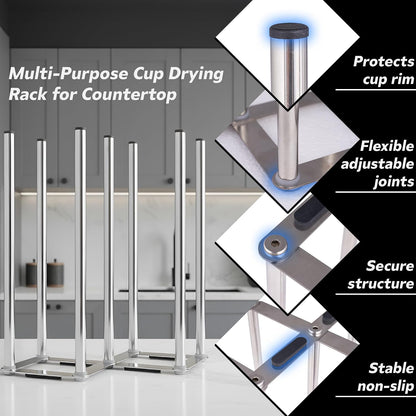 Water Bottle Drying Rack, Cup Drying Rack for Counter, Stainless Steel Tumbler Dryer Stand, Space-Saving Mug & Glass Drying Rack, Heavy-Duty Holder for Cups & Water Bottles (Silver – 10 Pegs)