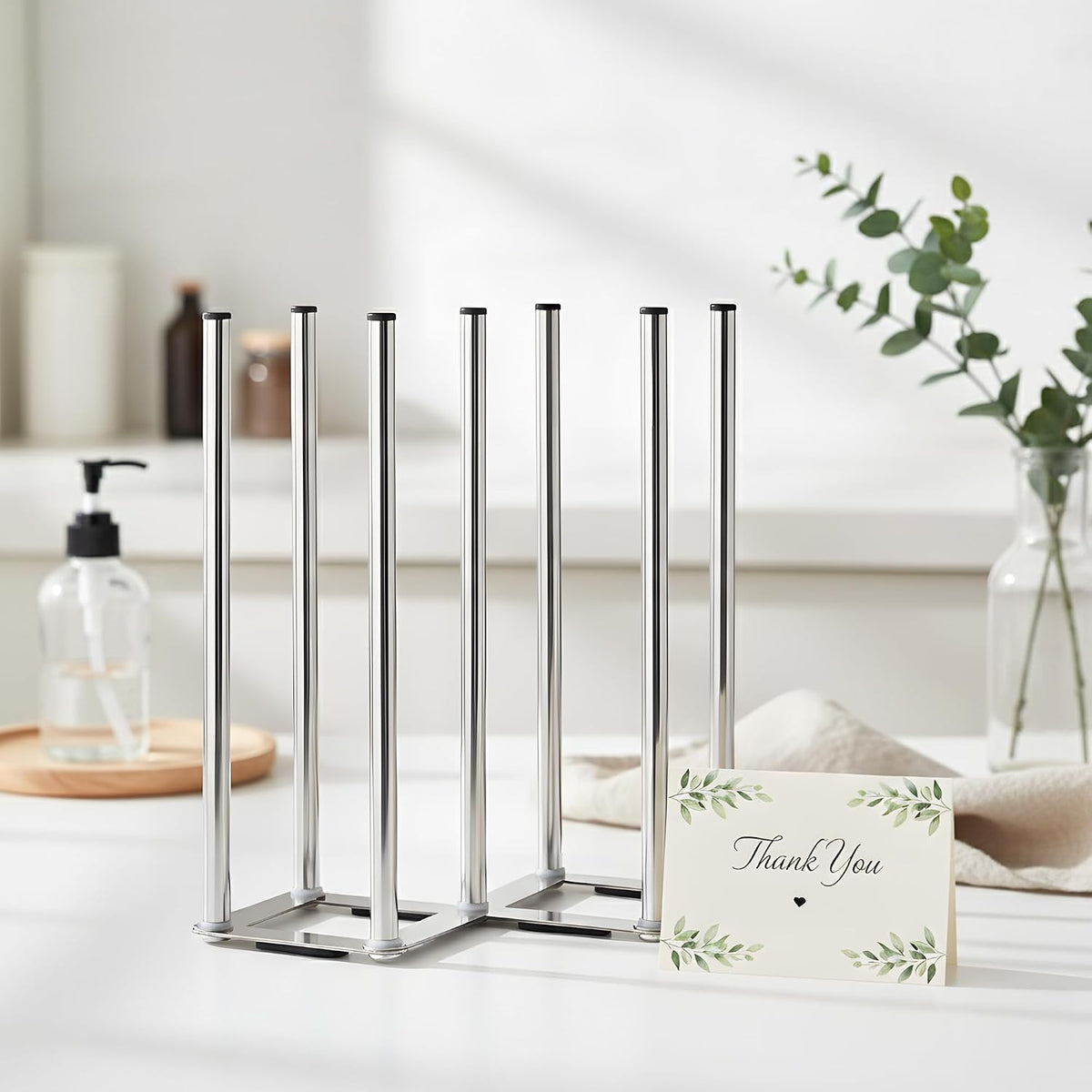 Water Bottle Drying Rack, Cup Drying Rack for Counter, Stainless Steel Tumbler Dryer Stand, Space-Saving Mug & Glass Drying Rack, Heavy-Duty Holder for Cups & Water Bottles (Silver – 10 Pegs)