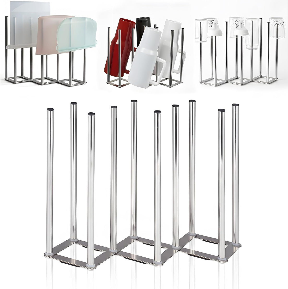 Water Bottle Drying Rack, Cup Drying Rack for Counter, Stainless Steel Tumbler Dryer Stand, Space-Saving Mug & Glass Drying Rack, Heavy-Duty Holder for Cups & Water Bottles (Silver – 10 Pegs)